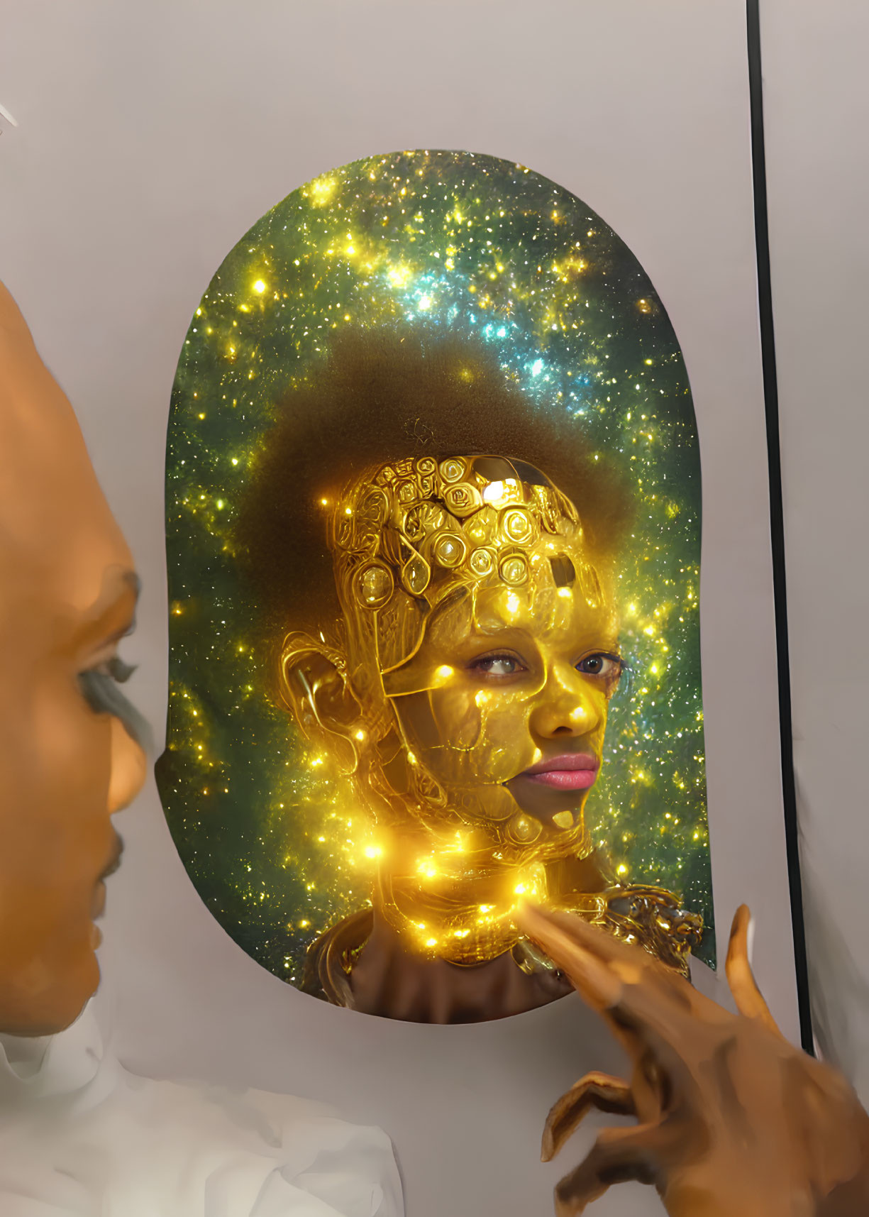 Surreal portrait of person with radiant golden aura and hand covering face