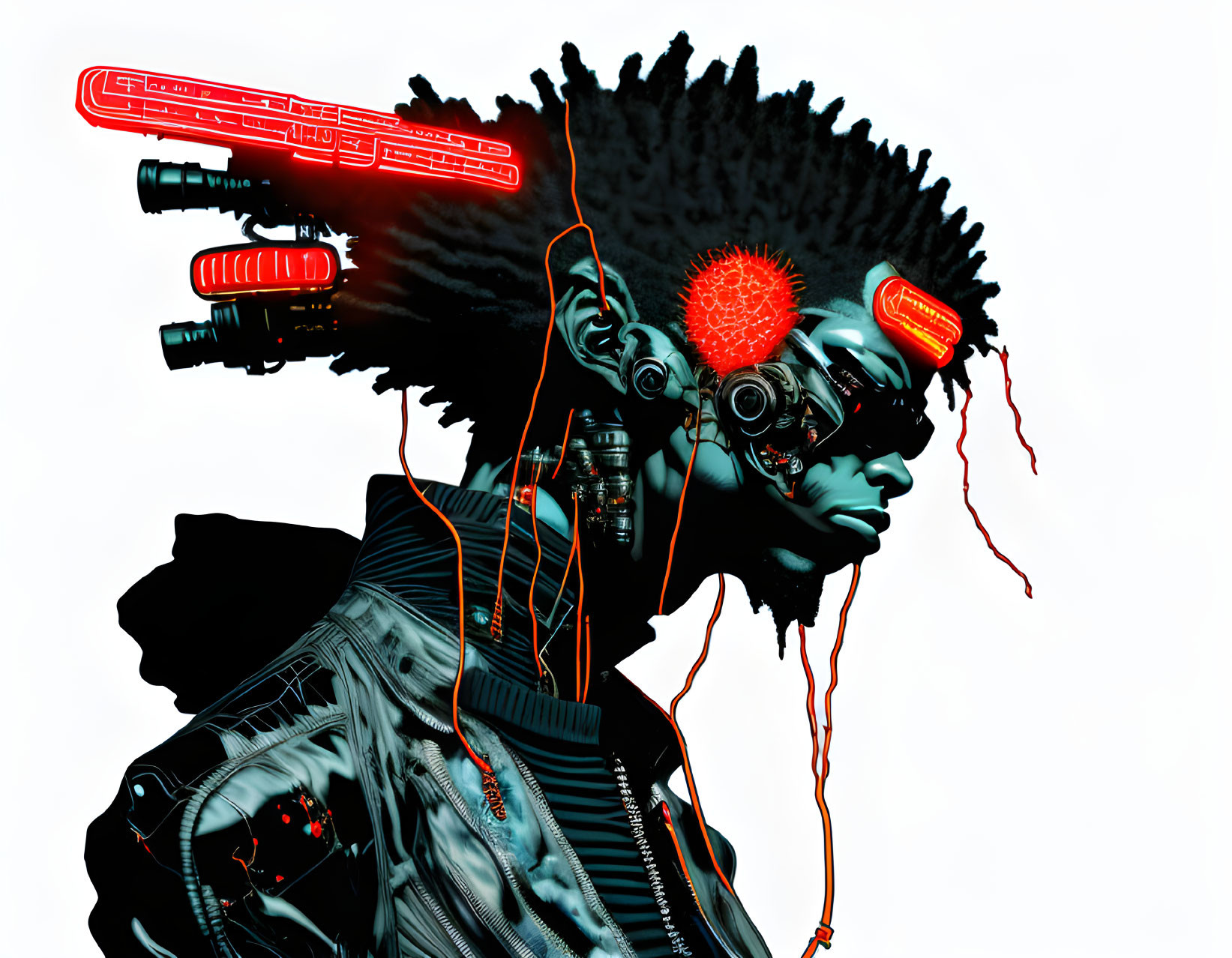 Futuristic illustration: person with cybernetic enhancements, red visor glasses, afro hair