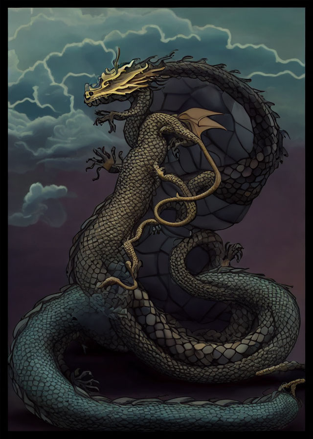 Majestic dragon with golden horns and wings under stormy sky