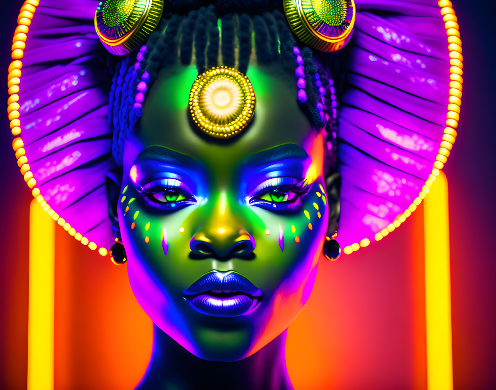 Colorful digital artwork: Woman with neon face paint and African-inspired ornaments under UV light