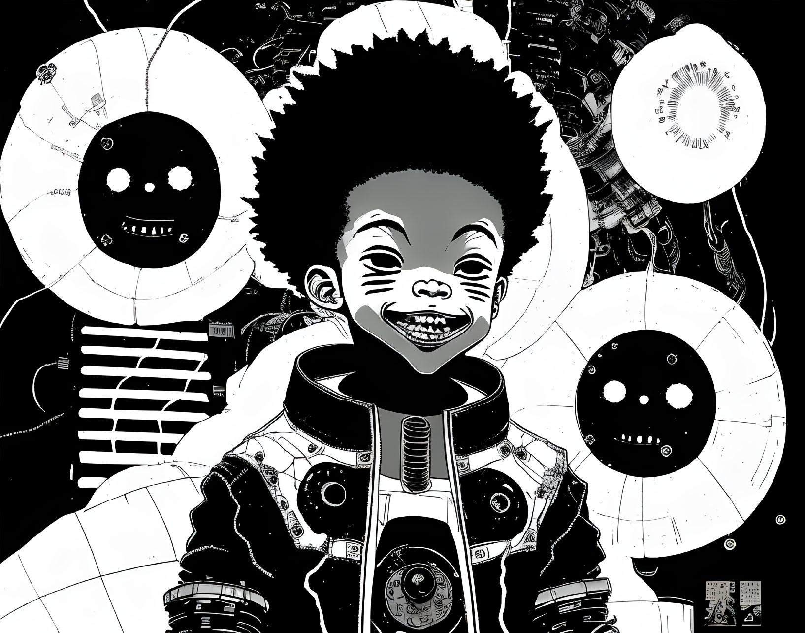 Whimsical black and white space-themed child illustration