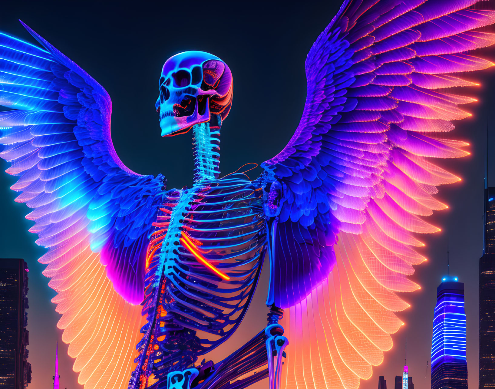 Neon-lit skeletal figure with spread wings in twilight cityscape