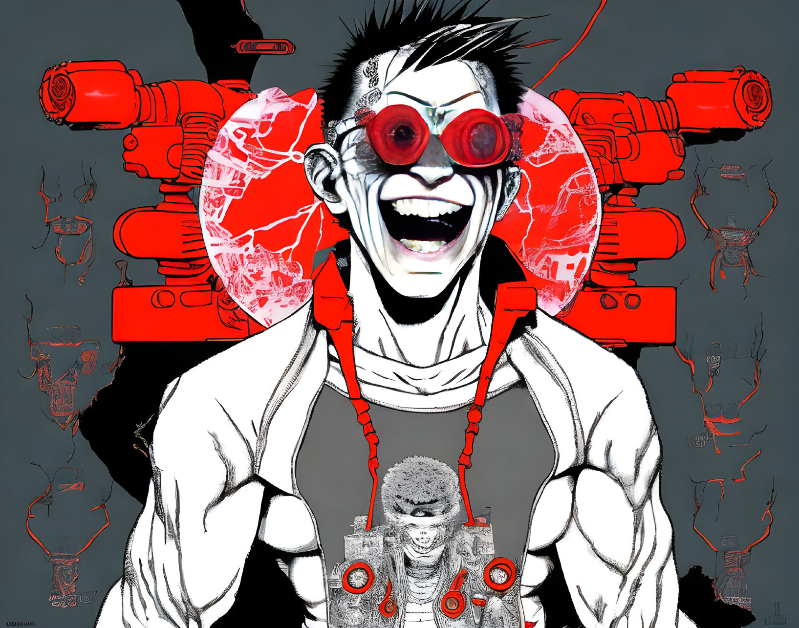 Man with Exaggerated Facial Features in Red Goggles amid Graphic Elements and Patterns