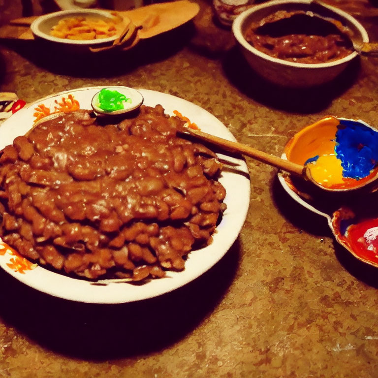 Plate of Refried Beans with Cheese and Salsa on Rustic Table