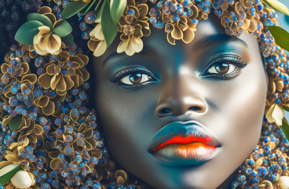 Close-up portrait of woman with dark skin, vibrant blue eye makeup, orange lipstick, and golden flower