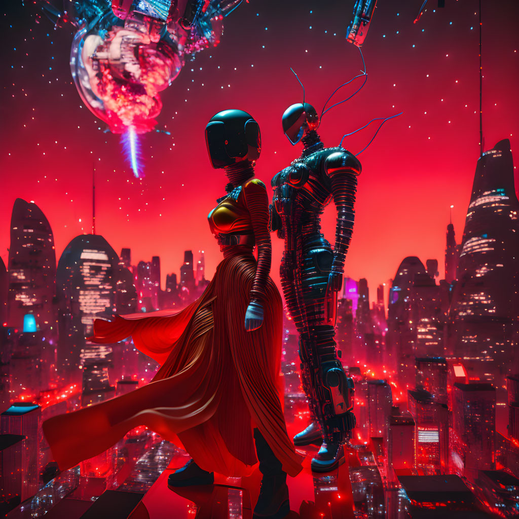 Futuristic red cityscape with robots and spacecraft