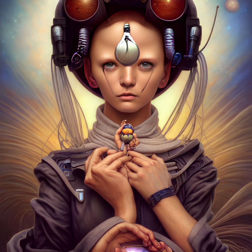 Futuristic individual with elaborate headgear holding colorful figurine in celestial backdrop