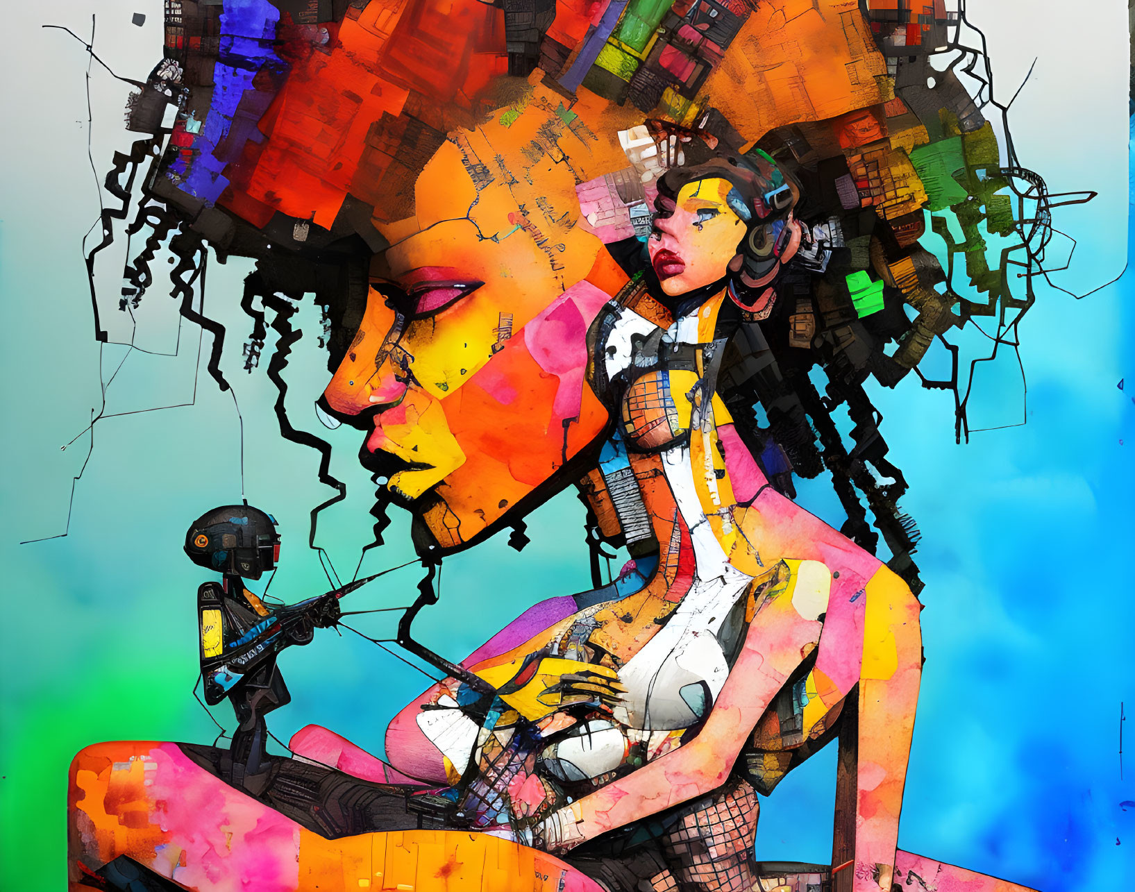 Vivid Abstract Digital Art: Stylized Female Figures & Colorful Paint Splashes