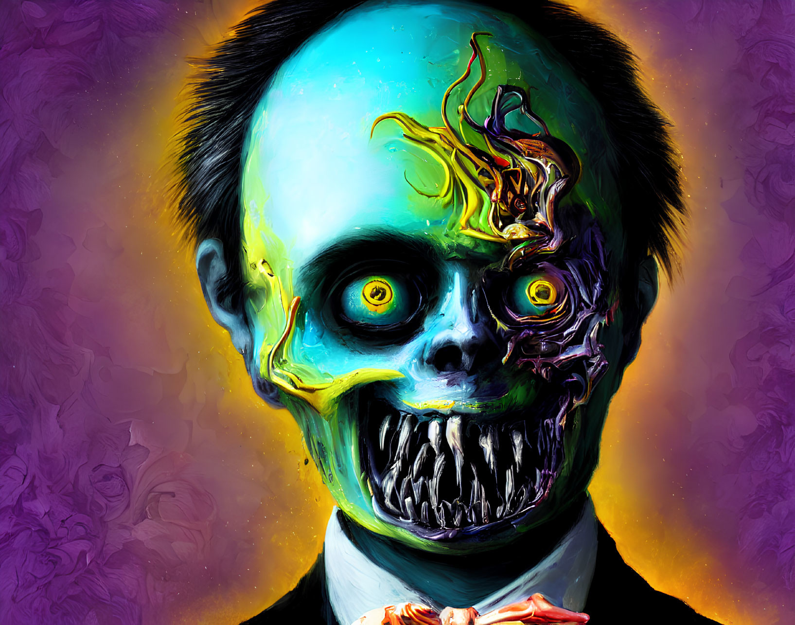 Colorful digital artwork: man with half-skull face, yellow eyes, flames, purple background