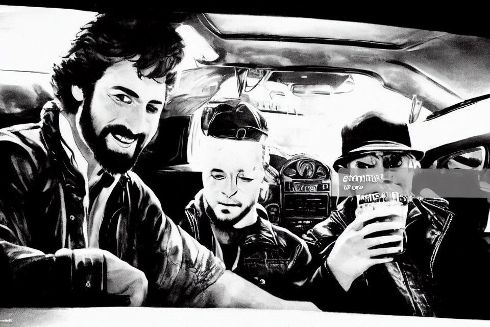 Monochrome image of three men in car, one holding cup