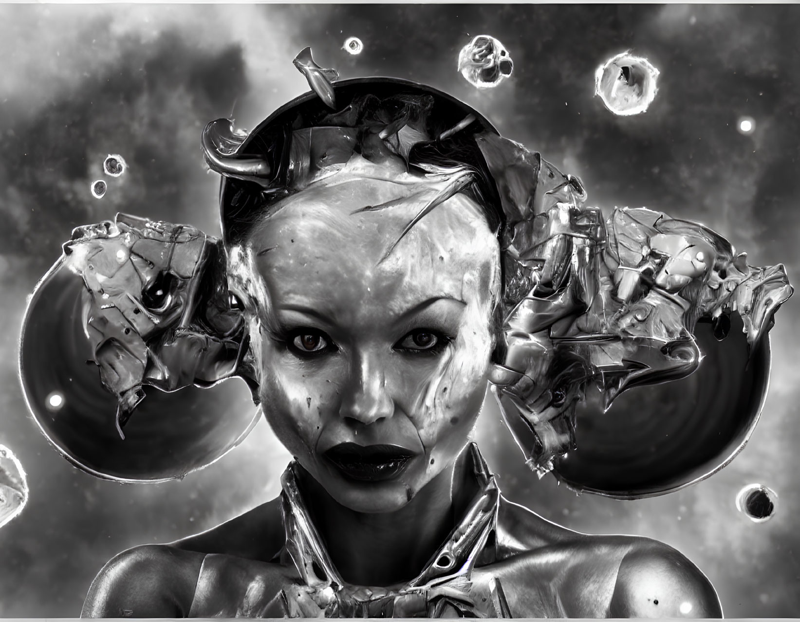 Futuristic cyborg woman with shattered metal headpiece in monochrome art