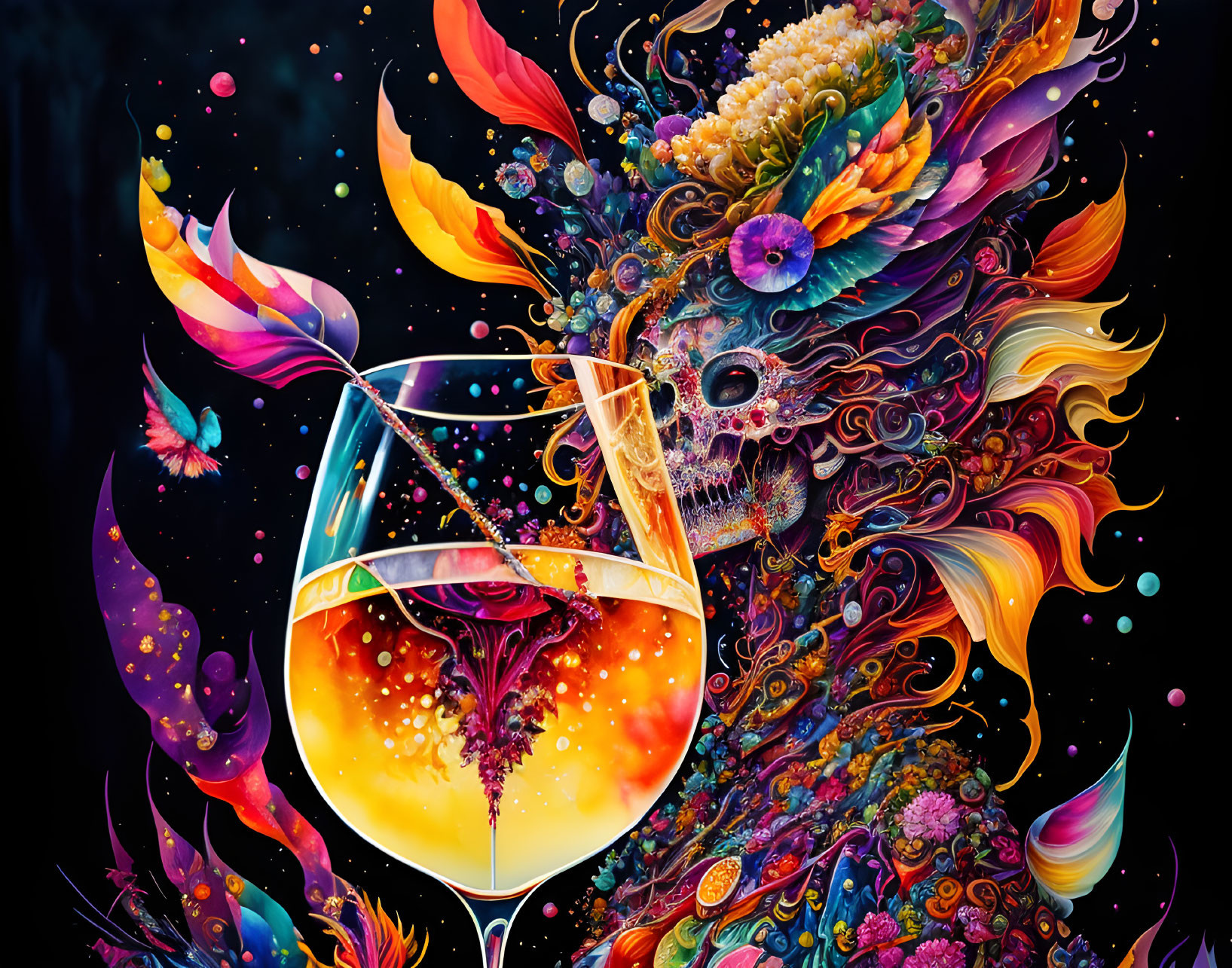 Colorful psychedelic artwork: Skull surrounded by vibrant flora, fauna, and wine glass center.