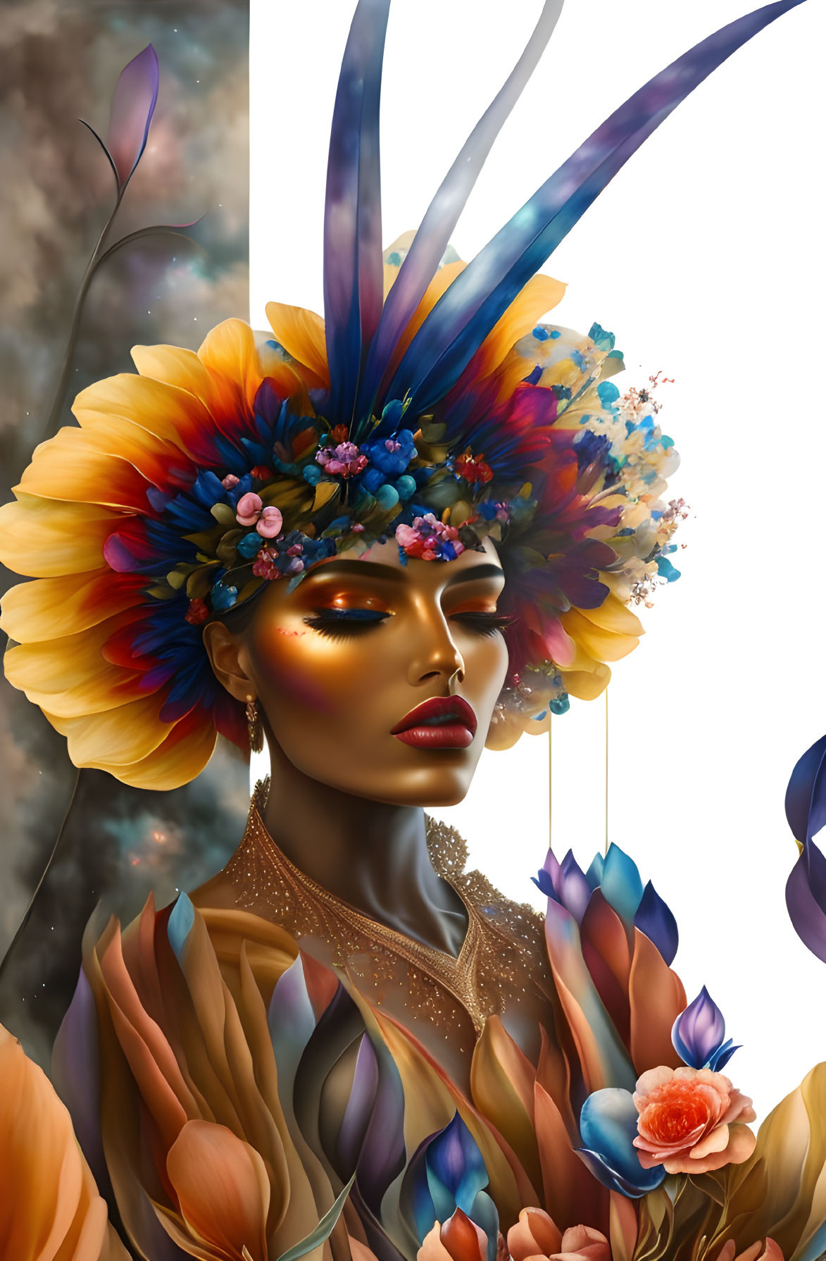 Golden-skinned woman in floral headpiece surrounded by stylized flowers against smoky backdrop