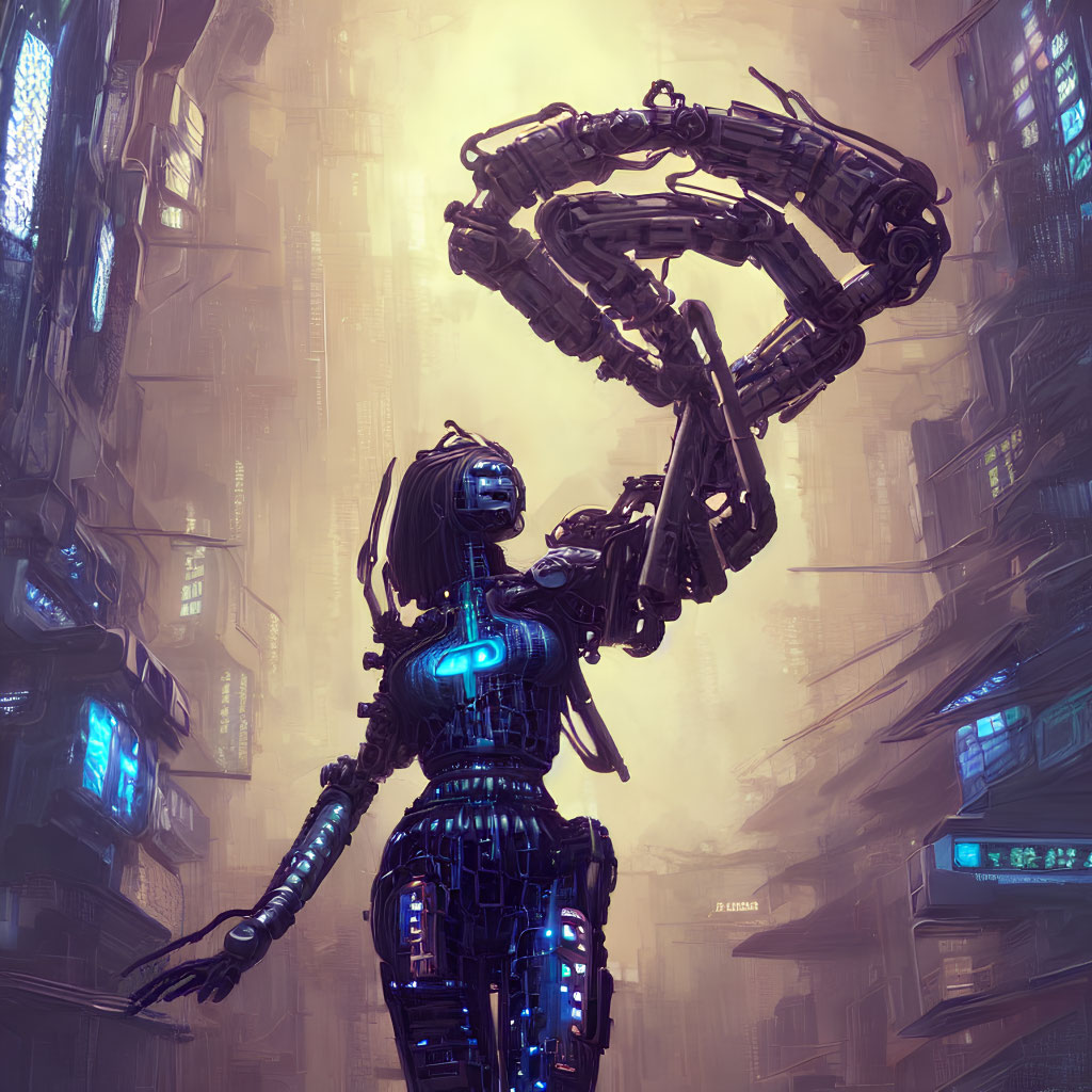 Futuristic robot with glowing blue accents in urban setting