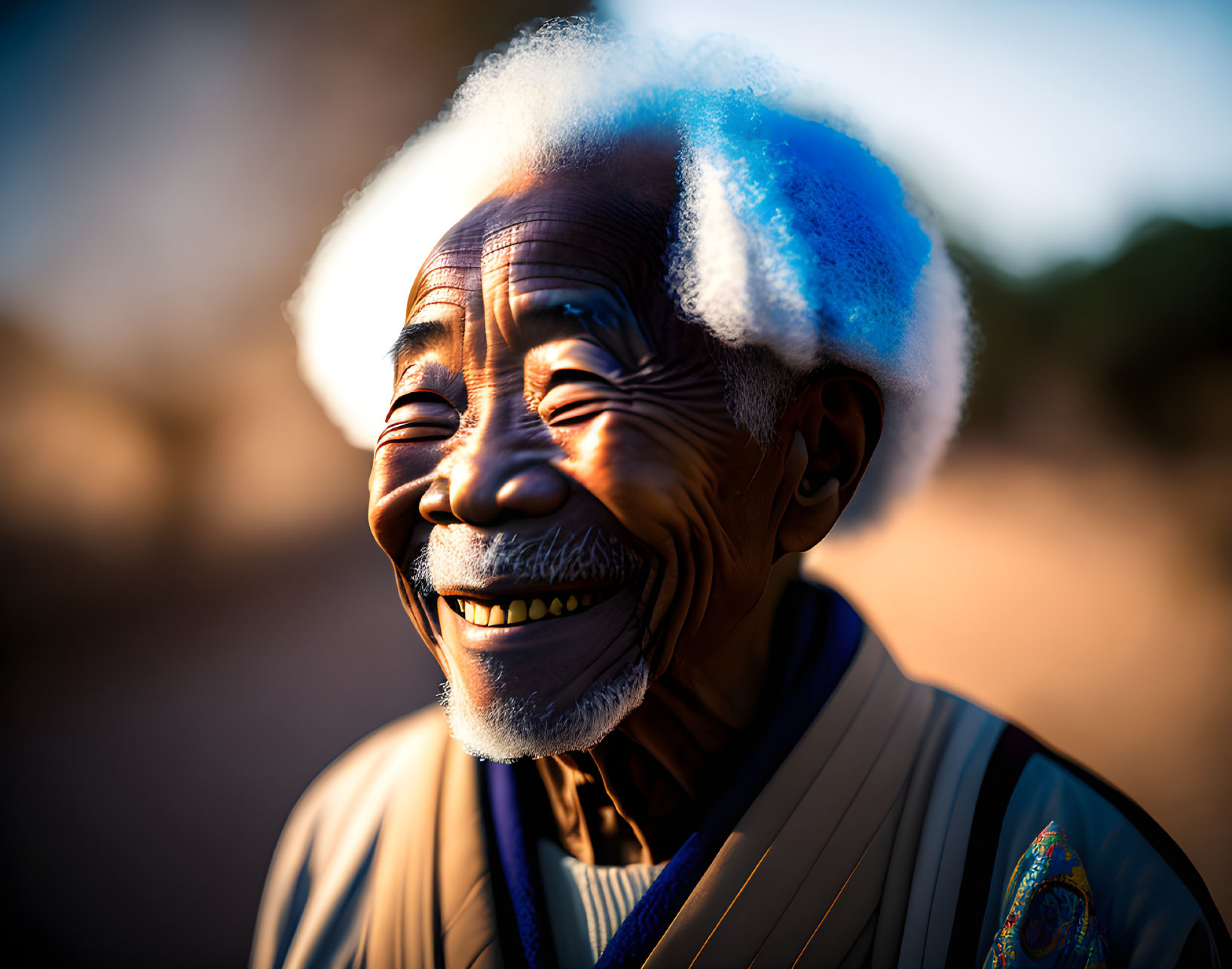 Elderly person with white hair smiling in sunlight