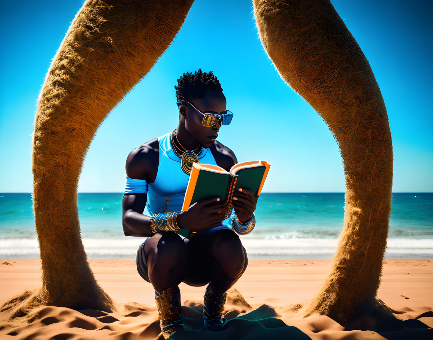 Stylized hair person reading book on sunny beach with surreal large legs