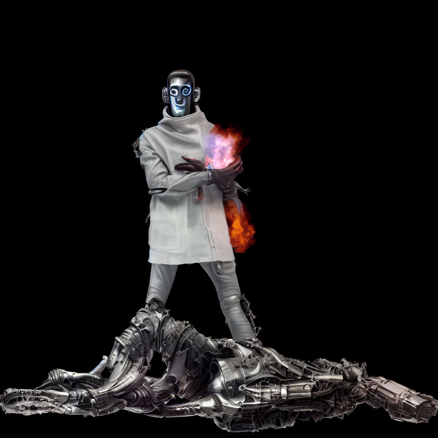 Futuristic robot with human face in lab coat holding fire over another robot