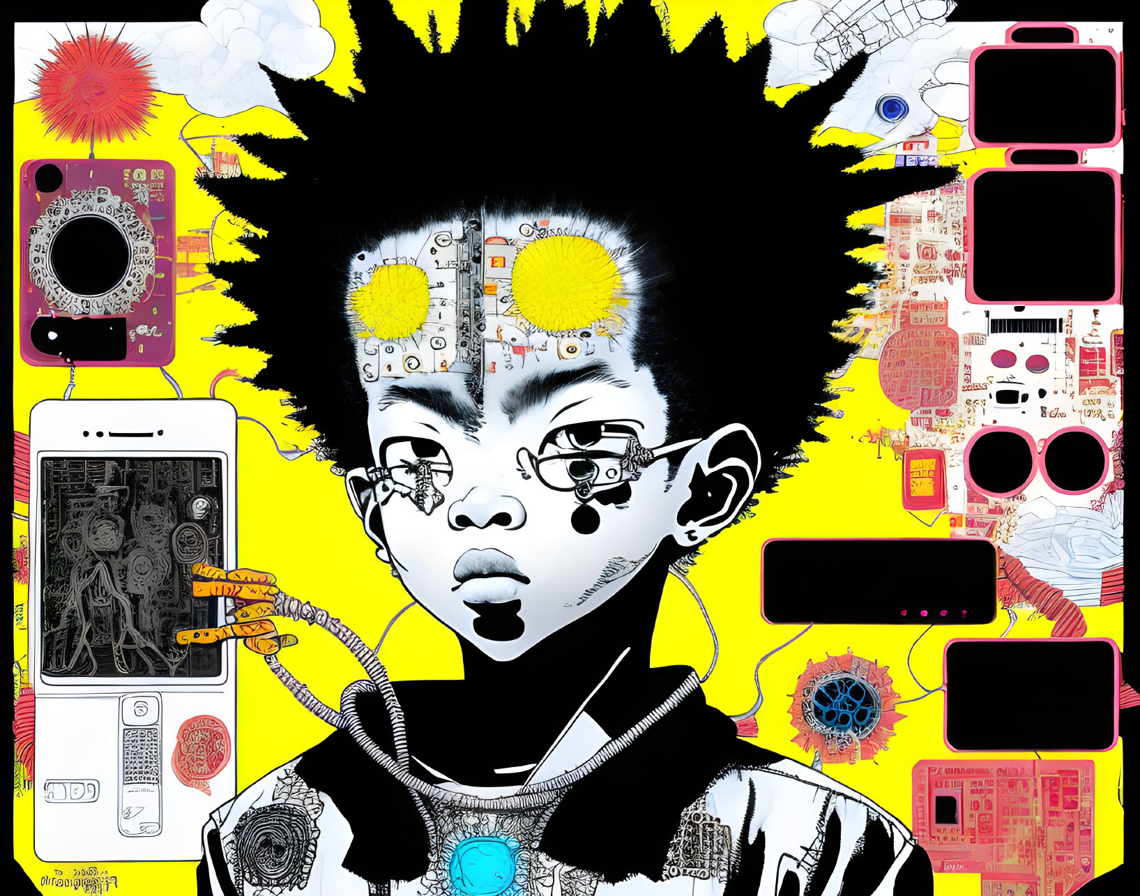 Illustration of Person with Afro & Tech Accessories in Yellow Panels