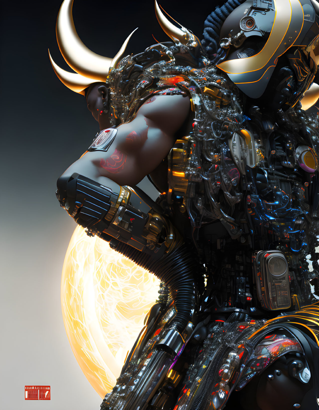 Detailed futuristic cyborg with bull-like horns and mechanical body before glowing orb