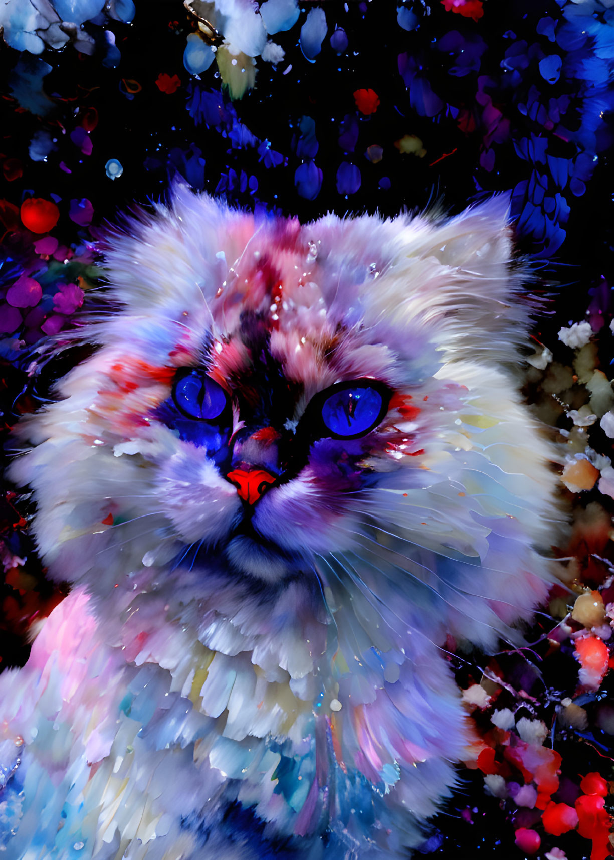 Vivid Cat Portrait with Abstract Floral Shapes in Blue, White, and Red