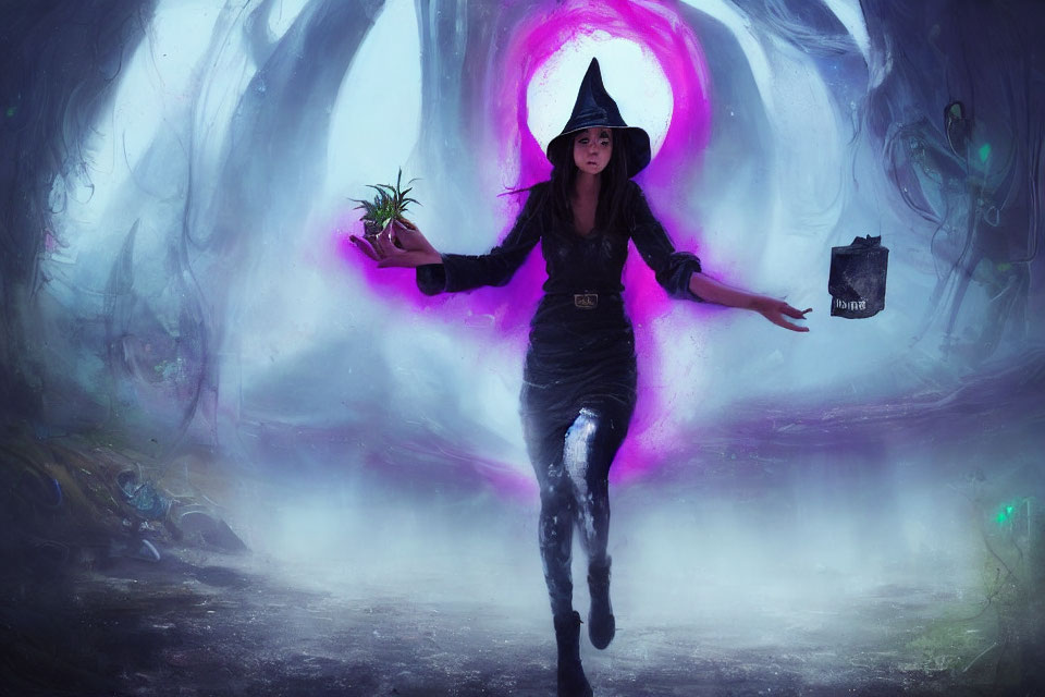 Pointy hat witch with magic book and plant in swirling purple portal