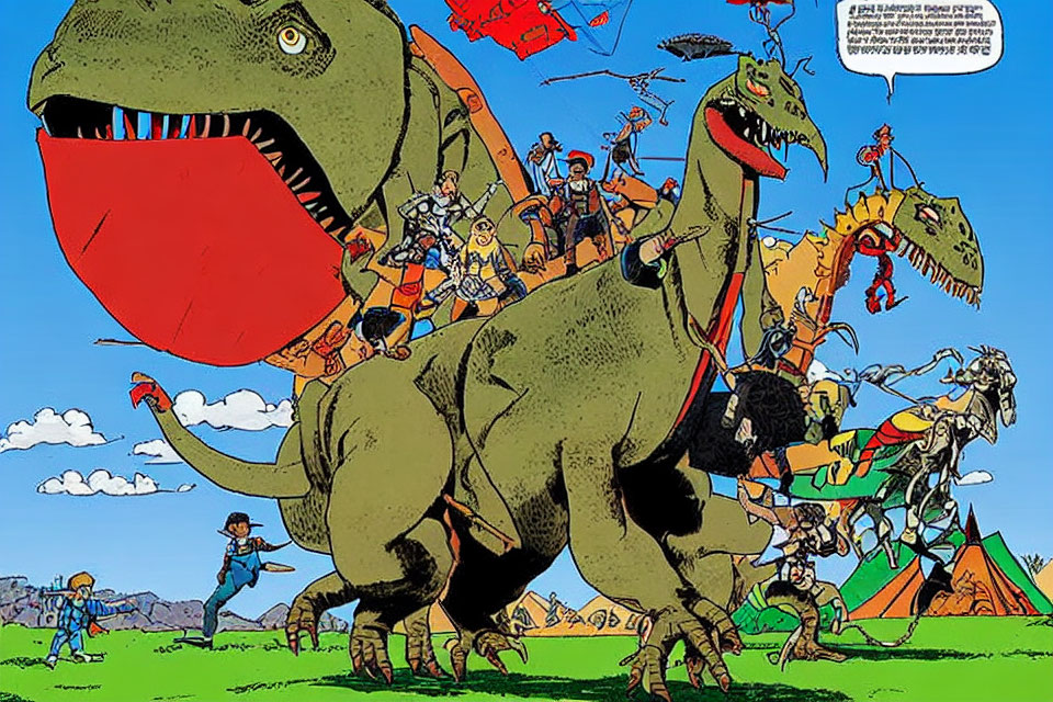 Comic-style illustration of people with large dinosaurs on grassy field