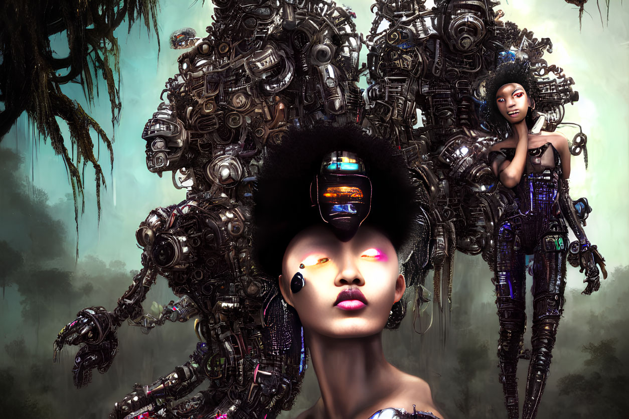 Futuristic image of two female figures with cybernetic enhancements