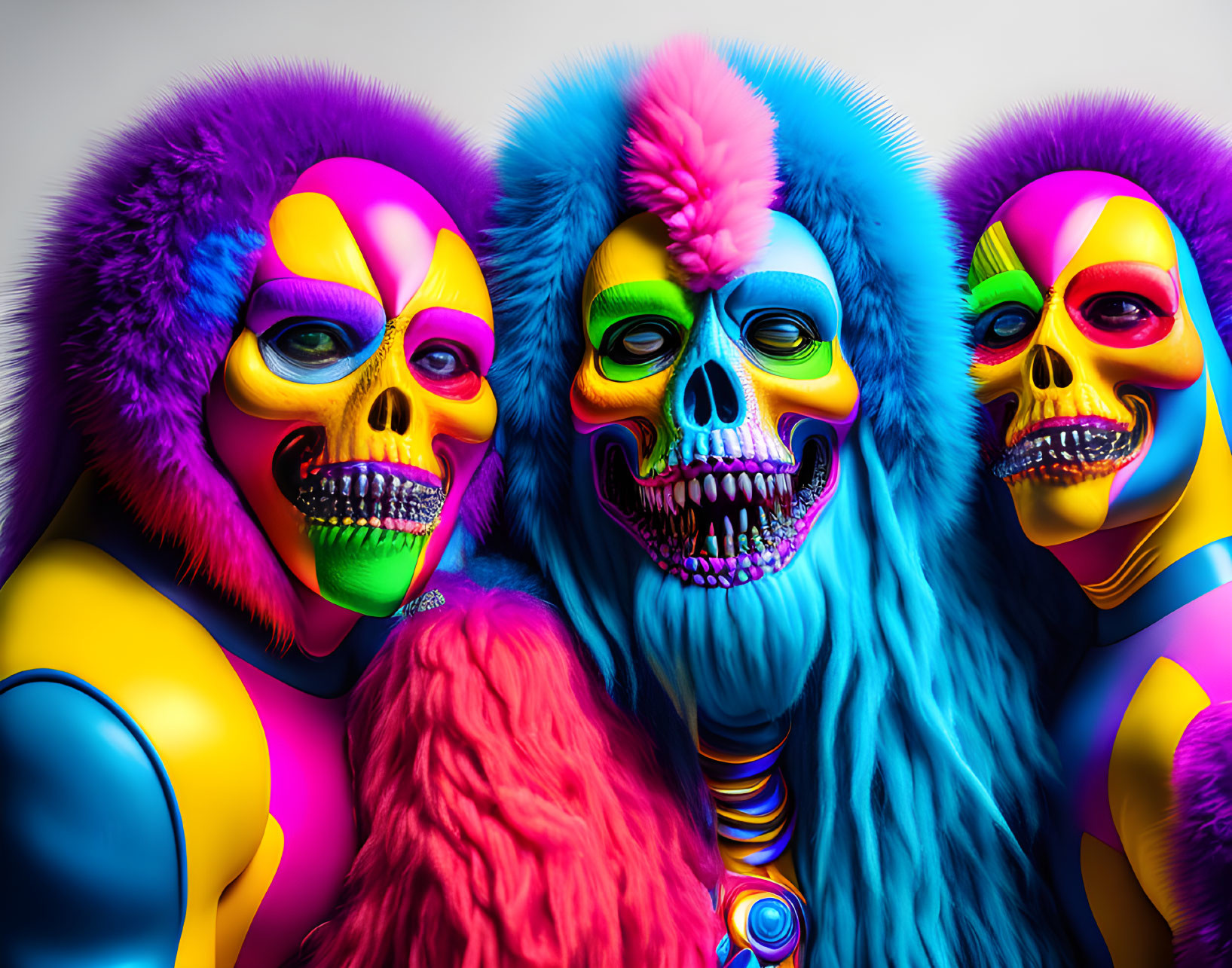 Three people in vibrant skull makeup and colorful fur costumes posing together