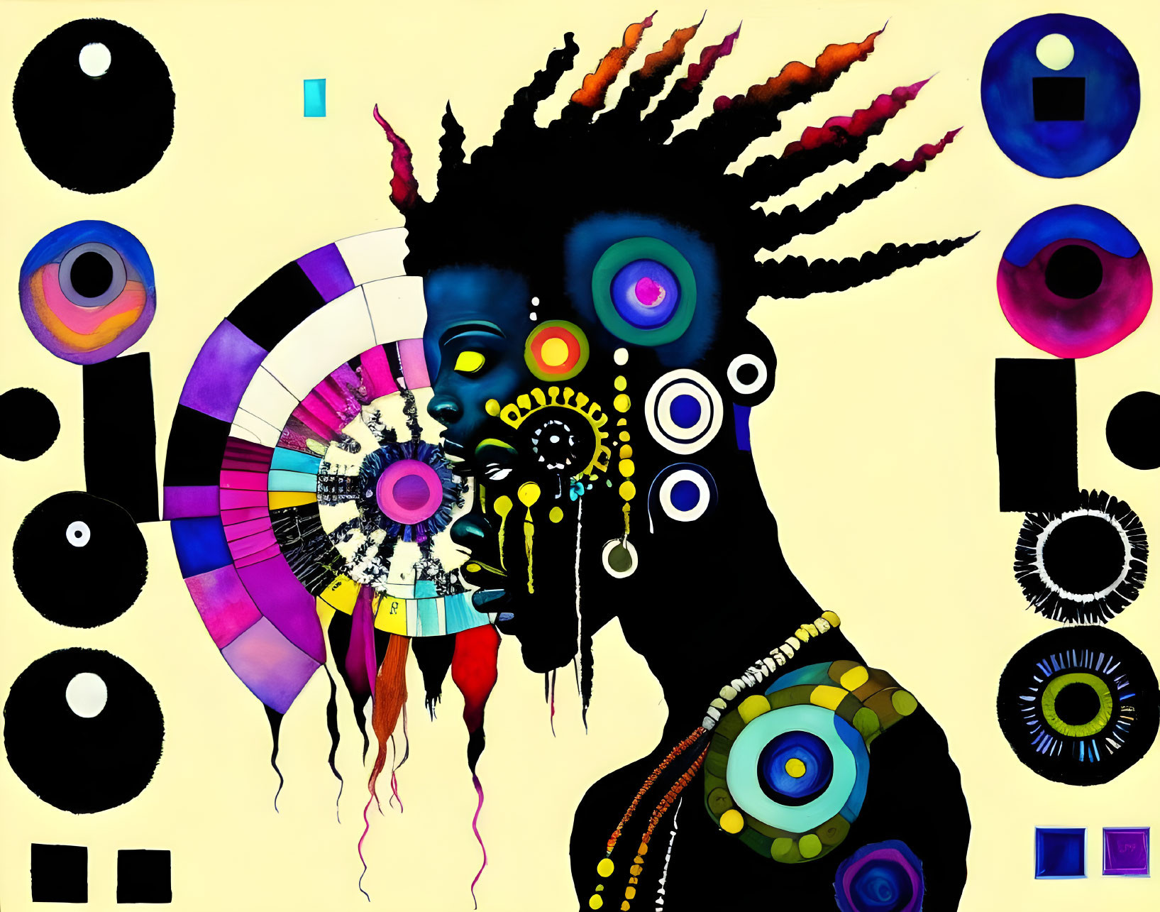 Vibrant abstract profile silhouette with dreadlocks and geometric shapes