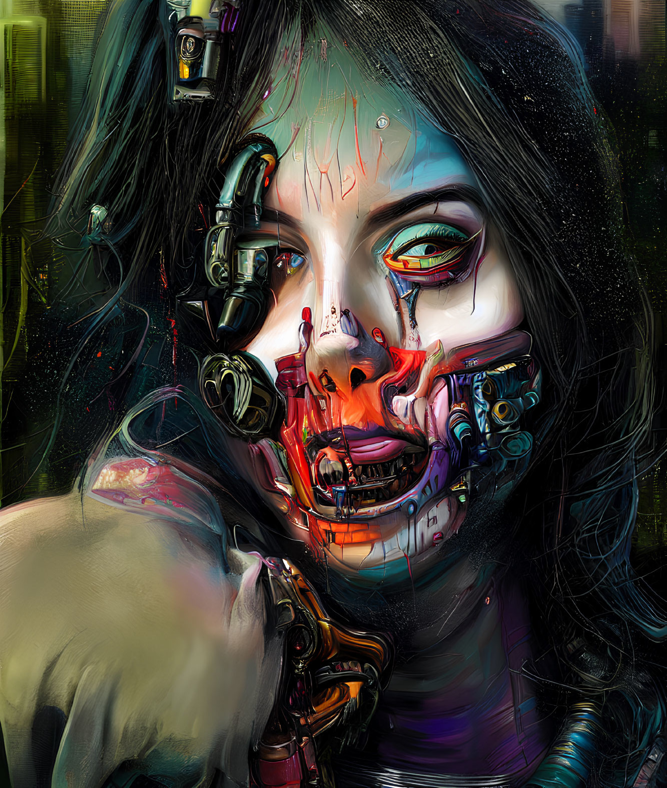 Colorful Cybernetic Woman with Mechanical Parts and Vibrant Eyes