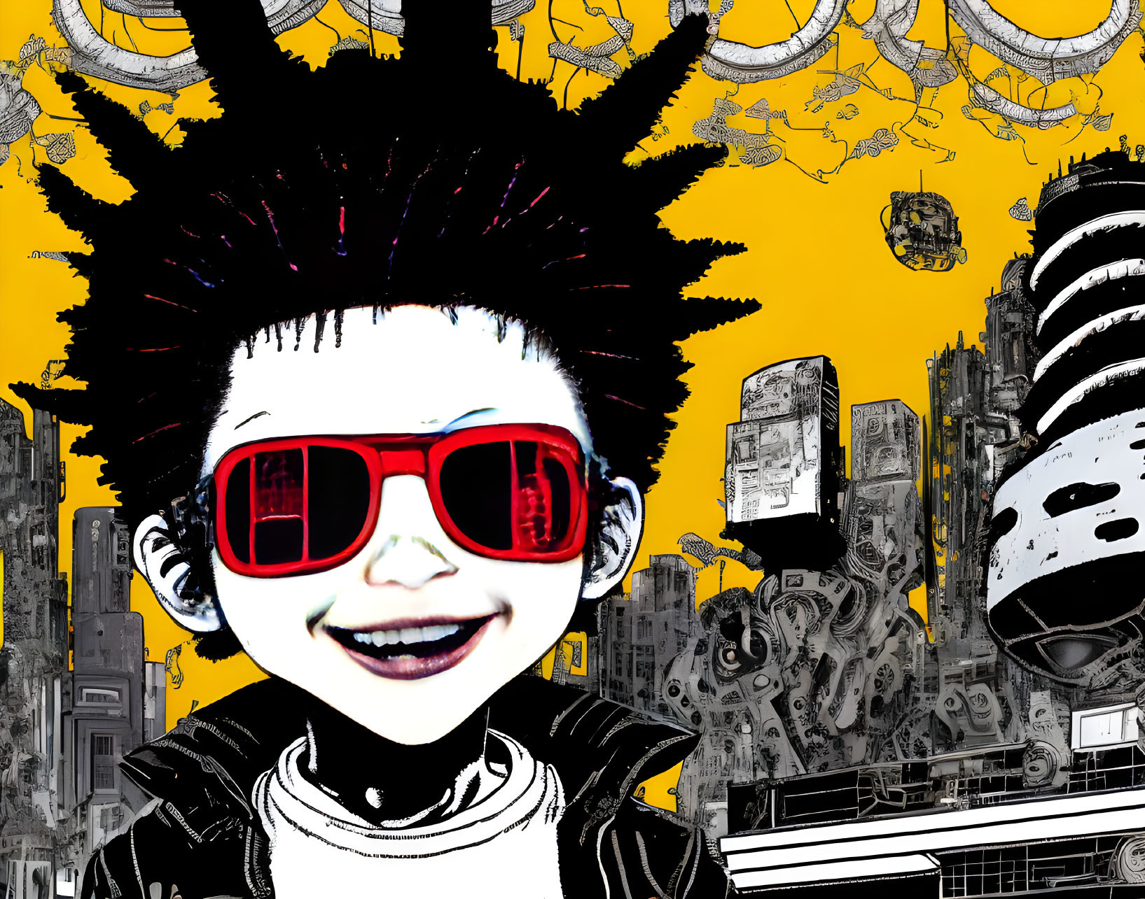 Smiling child with spiky hair in red sunglasses on futuristic city backdrop