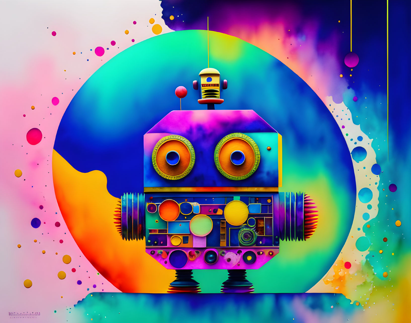 Whimsical robot illustration with geometric shapes on vibrant backdrop