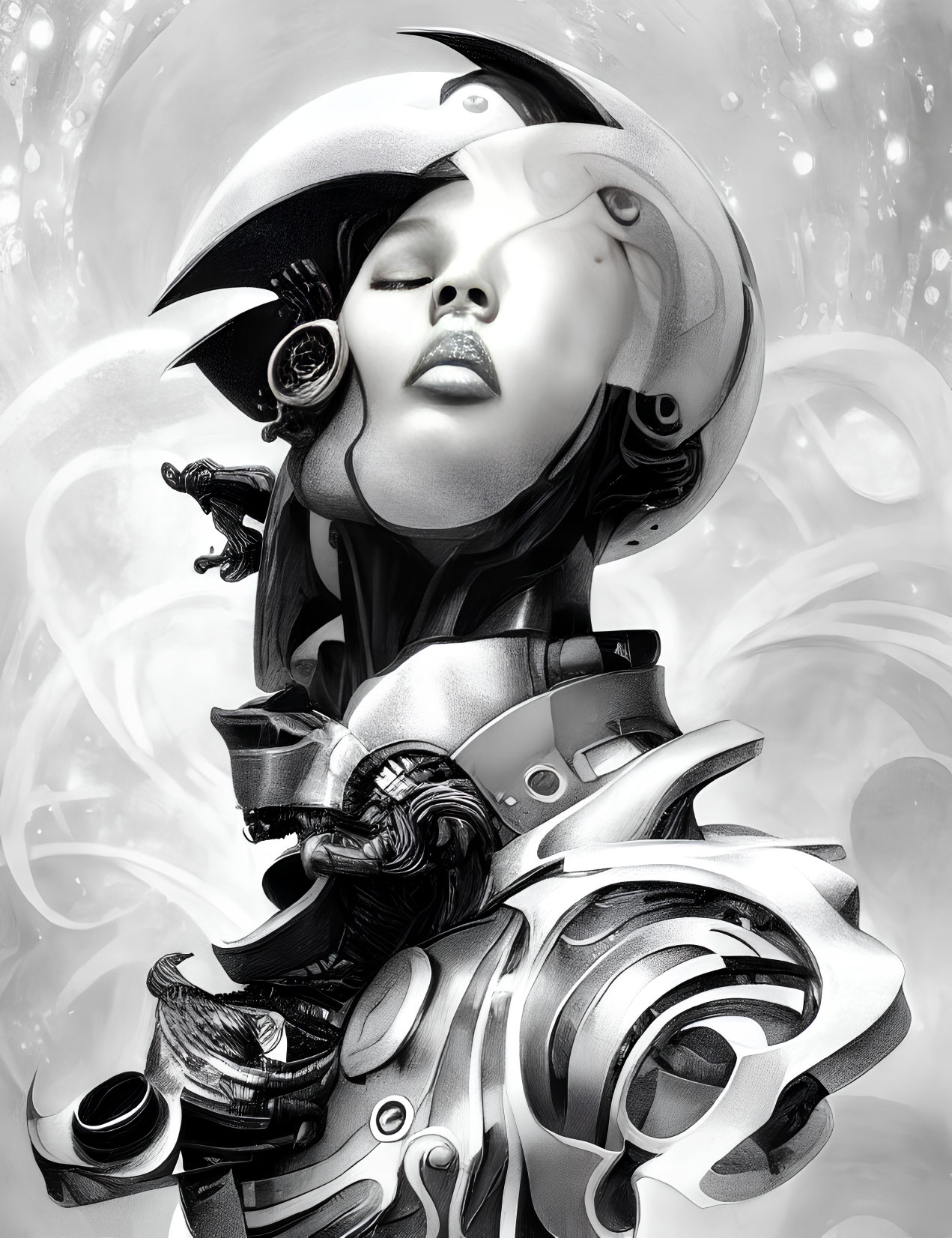 Monochrome digital illustration of futuristic female character with stylized helmet and armor surrounded by swirling light effects