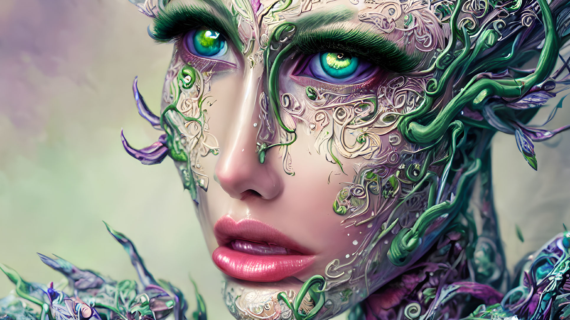 Fantasy figure with silver and green botanical armor and vibrant green eyes