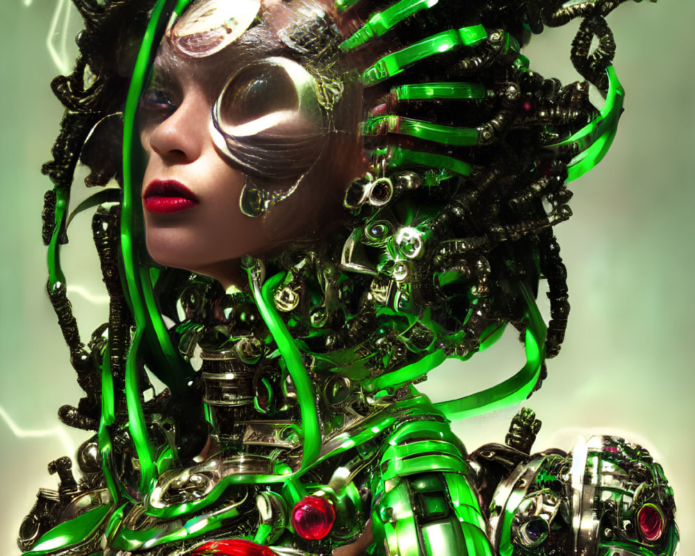 Futuristic cyborg with green tubing and metallic mask in glowing lights