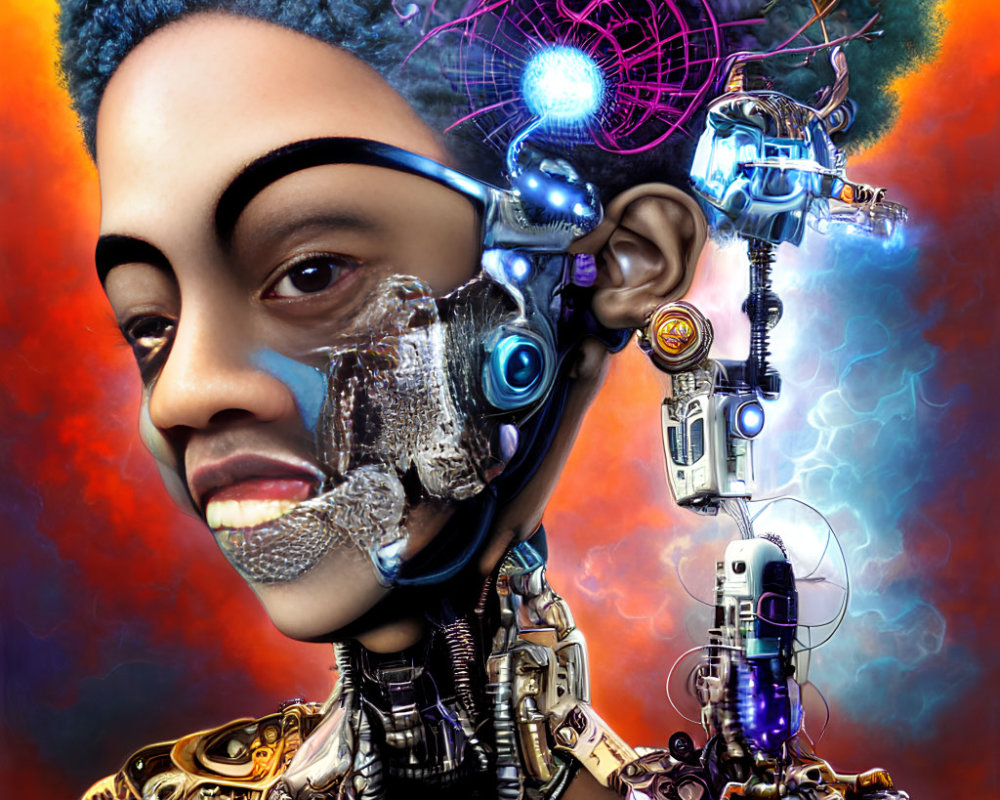 Detailed Portrait of Cyborg Woman with Blue Eyes and Mechanical Parts