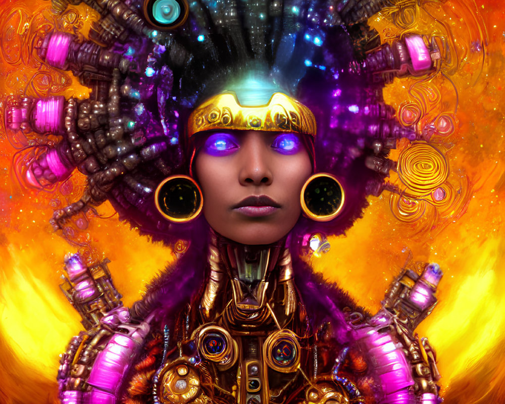 Colorful futuristic character with headdress and armor on fiery backdrop