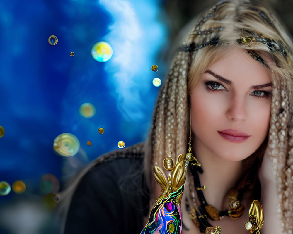 Blonde Woman with Striking Blue Eyes and Head Jewelry in Decorative Cloak