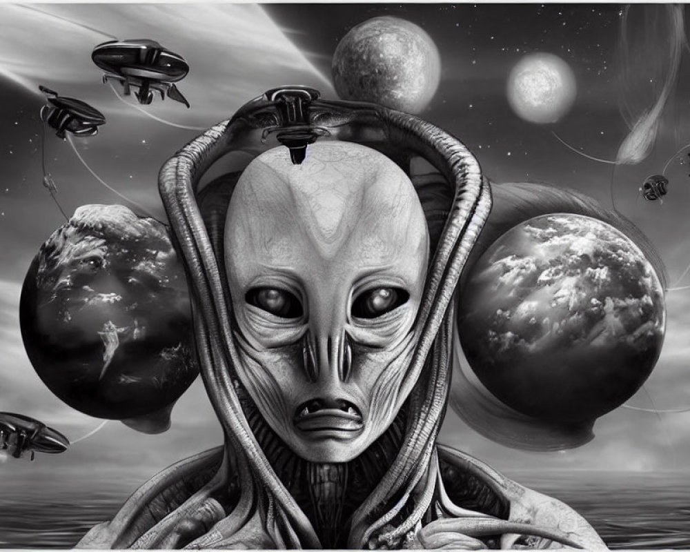 Alien with large eyes and tubes in monochromatic space scene