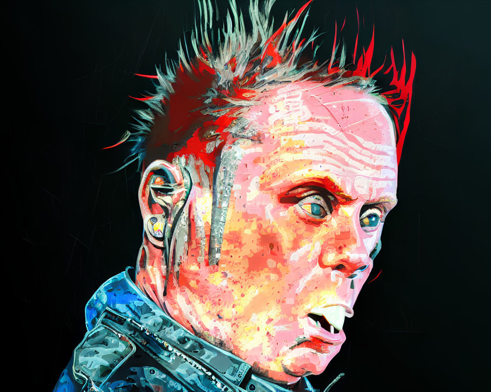 Colorful digital portrait of a person with mohawk and intense gaze