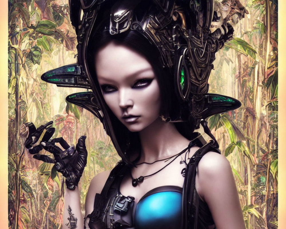 Female android digital artwork with black helmet and glowing blue elements in golden forest setting