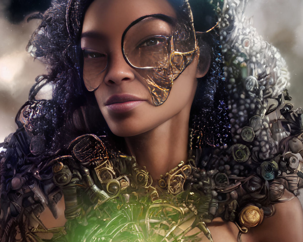 Steampunk-themed portrait of a woman in ornate gear and wire armor