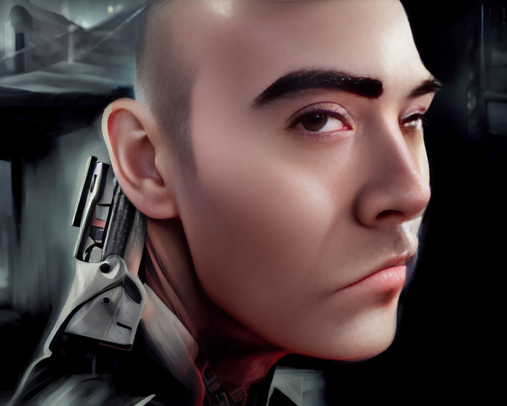 Digital artwork: Person with mechanical neck and shoulder in futuristic setting