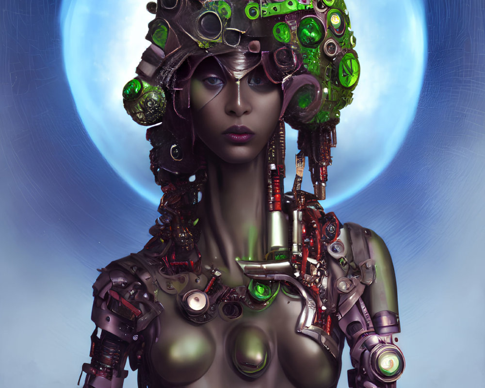 Female-styled robot with intricate headgear and green lights on blue backdrop