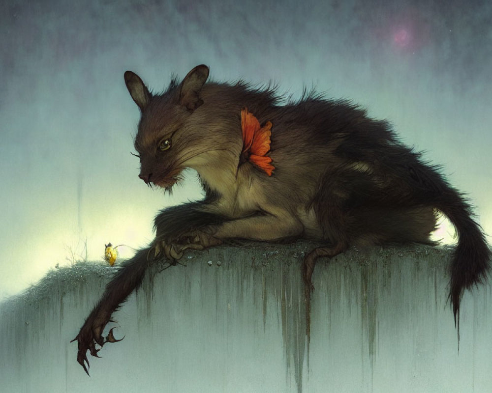 Mythical creature with wolf body, orange feather crest, perched on foggy cliff beside glowing