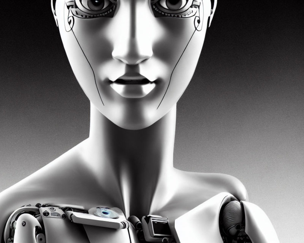 Detailed Close-Up of Humanoid Robot's Mechanical Neck and Shoulder Structure
