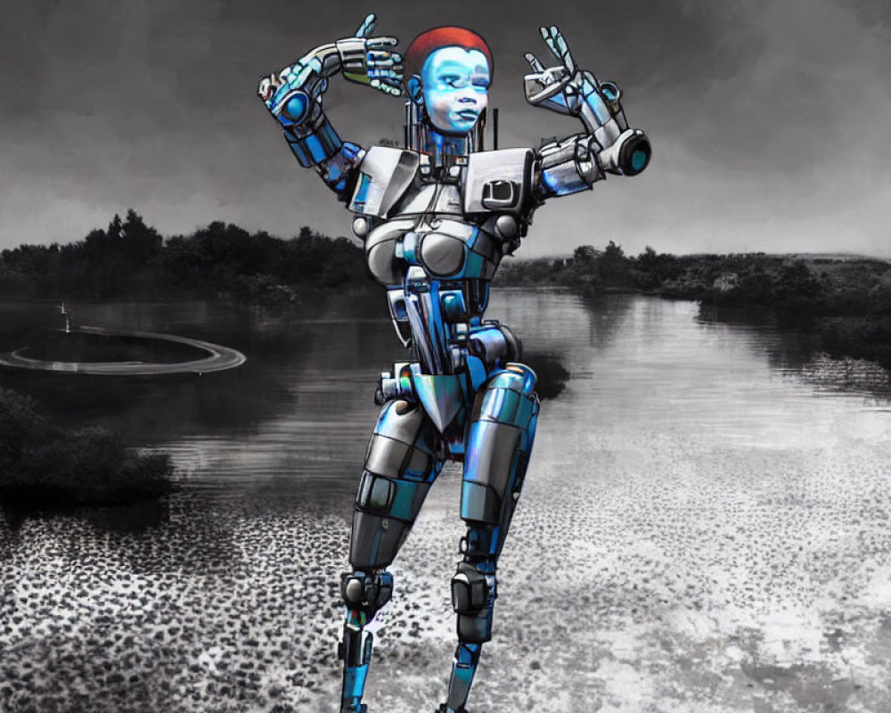 Blue humanoid robot in grey landscape with water body