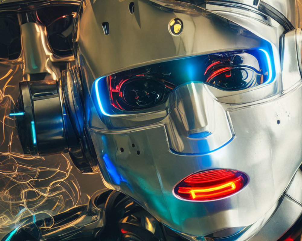 Futuristic robot head with glowing red and blue eyes and metallic surfaces in ethereal light.