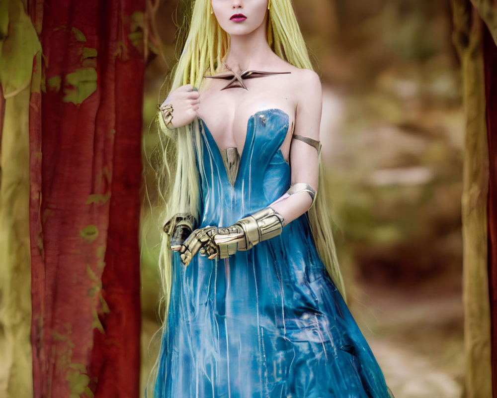 Fantasy character cosplay with yellow hair and blue dress in woodland.