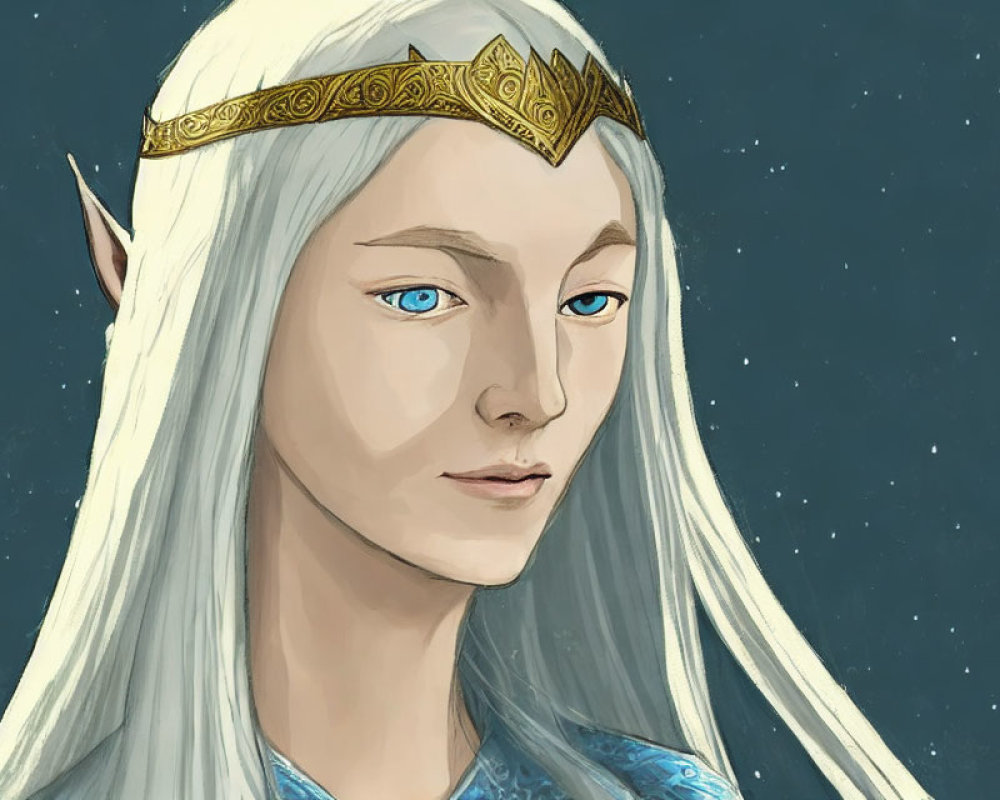 Fantasy illustration: Elf with long white hair and circlet under starry sky